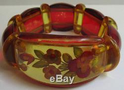 Vintage Reverse Carved Floral Apple Juice & Red Bakelite Oval Pin & Bracelet Set