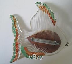 Vintage Reverse Carved Painted Lucite Fish Pin Brooch Bakelite Era 1930's