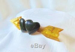Vintage Reversed Carved Bakelite Pin Double Puffy Hearts And Arrow