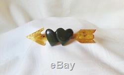 Vintage Reversed Carved Bakelite Pin Double Puffy Hearts And Arrow