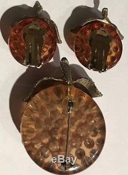 Vintage Rhinestone Lucite Forbidden Fruit Oranges Pin Brooch & Earrings Set