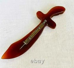 Vintage Rich Amber BAKELITE Large Scimitar Sword Brooch Pin