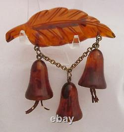 Vintage Root Beer Bakelite Dangling Figural Bell Flowers on Leaf Brooch Pin WOW