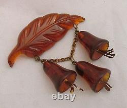 Vintage Root Beer Bakelite Dangling Figural Bell Flowers on Leaf Brooch Pin WOW