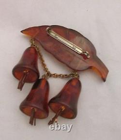 Vintage Root Beer Bakelite Dangling Figural Bell Flowers on Leaf Brooch Pin WOW