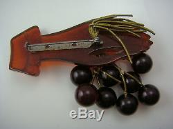 Vintage Root Beer Bakelite Hand With Red Dangling Cherries Pin Brooch