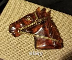 Vintage Root Beer Bakelite Horse Head Pin with Glass Eye and Brass Accents