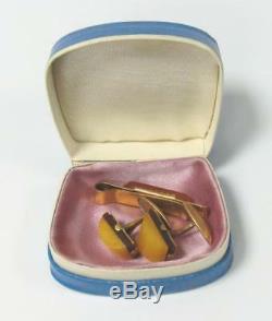 Vintage Russian Amber Bakelite Cufflinks Tie Pin Box