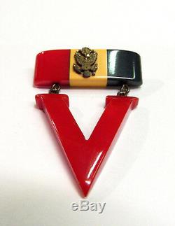 Vintage SUPER RARE WW2 Bakelite Patriotic V Victory Pin Brooch
