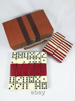 Vintage Set of 55 Two Tone White Red Bakelite Double Nines Spinner Pins Box MCM