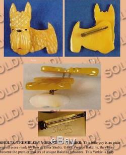 Vintage Shultz HUGE Deeply Carved Bakelite Trembler Brooch Scotty Dog Pin Yellow