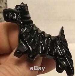 Vintage Signed Shultz Scottie Terrier Dog Brooch Pin Carved Black Bakelite NICE