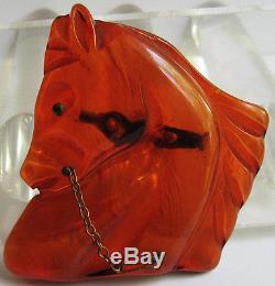 Vintage Translucent Red Orange Bakelite Horse Head Pin Brooch