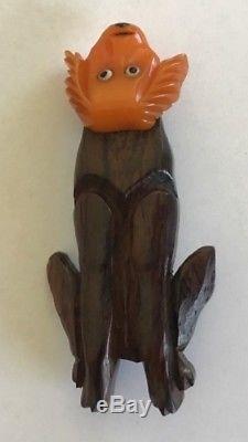 Vintage Unique Carved Bakelite & Dark Wood Swiveling Head Figural Dog Brooch Pin