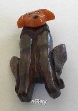 Vintage Unique Carved Bakelite & Dark Wood Swiveling Head Figural Dog Brooch Pin
