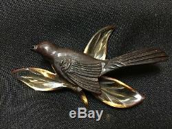 Vintage! Unique Large Bakelite Tested + Bird on Celluloid Leaves Pin Brooch FS