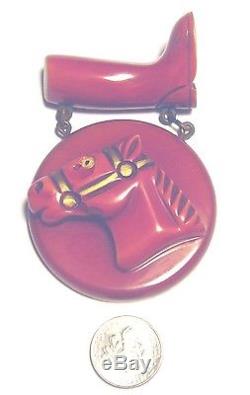 Vintage VERY RARE Carved RED HORSE HEAD/BOOT 3 1/4 BAKELITE PIN