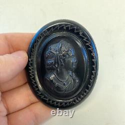 Vintage Victorian Mourning Black Woman Carved Cameo Rim Bakelite Type Pin Brooch