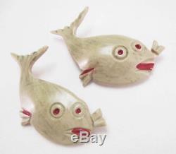 Vintage Whimsical Celluloid Paint Wide Fish Pins Art Deco Brooch Pair (2)