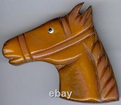 Vintage Wood & Caramel Butterscotch Bakelite Horse Head Pin Brooch