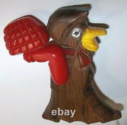 Vintage Wood Duck withSwinging Cherry Red Bakelite Movable Arm & basket Brooch Pin