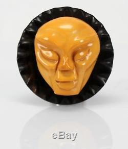 Vintage Yellow Bakelite Alien Sun With Face Jewelry Brooch Pin