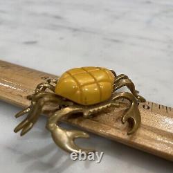 Vintage Yellow Bakelite Brass CRAB Pin Brooch Mid Century