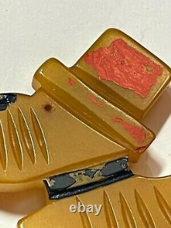 Vintage Yellow Bakelite (tested) Dog in a Red Hat Pin, Early 1900s