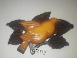 Vintage Yellow Bird Carved Bakelite & Wood Pin
