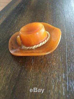 Vintage bakelite hat brooch sweet caramel swirl pin old plastics jewelry Rare