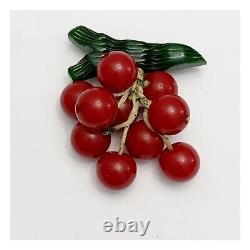 Vintage bakelite red cherries Brooch Pin from carved green branch 1940s Kitsch