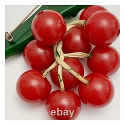 Vintage bakelite red cherries Brooch Pin from carved green branch 1940s Kitsch
