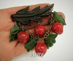 Vintage carved bakelite dangling strawberries and leaves fruit pin brooch