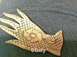 Vintage pin brooch Hand Shaped Glove French pattern flower silver black