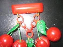 Vintage red Cherries Bar Brooch Pin Carved