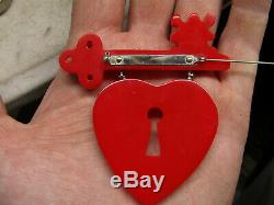 Vintage red bakelite, heart/key pin/brooch, costume jewelry, plastic pins brooches