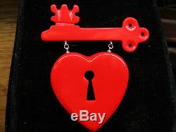 Vintage red bakelite, heart/key pin/brooch, costume jewelry, plastic pins brooches