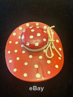 Vntg 1940s Cherry Red Bakelite Figural Wide Brim Hat Pin Brooch 3 Polka Dots