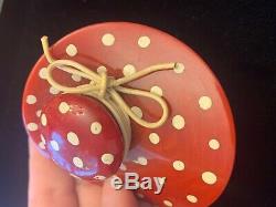 Vntg 1940s Cherry Red Bakelite Figural Wide Brim Hat Pin Brooch 3 Polka Dots