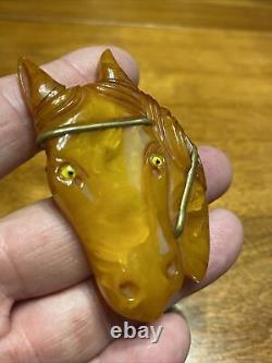 Vntg Bakelite Large Horse Head Pin Brooch Book Piece Tested Marbled Butterscotch