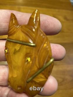 Vntg Bakelite Large Horse Head Pin Brooch Book Piece Tested Marbled Butterscotch