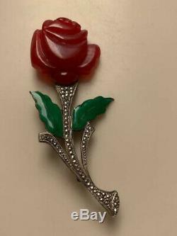 Vntg Red Bakelite Sterling Silver Marcasite Rose Pin with Green Enamel -Tested