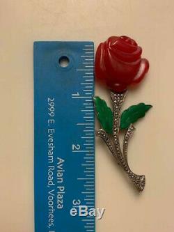 Vntg Red Bakelite Sterling Silver Marcasite Rose Pin with Green Enamel -Tested