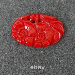 Vtg 1930 1940 RARE HUGE Large Bakelite Cherry Red Heavely Carved Brooch Pin