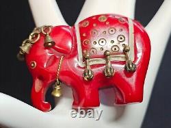 Vtg 1930s Rare Carved Red Bakelite Elephant Brooch Pin w. Metal Bell Accents