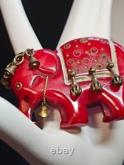 Vtg 1930s Rare Carved Red Bakelite Elephant Brooch Pin w. Metal Bell Accents