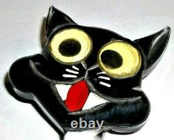 Vtg 1940s Black Bakelite Reversed Carved Googly Eyes Lucite Cat Pin (Book Piece)