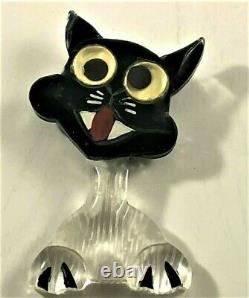 Vtg 1940s Black Bakelite Reversed Carved Googly Eyes Lucite Cat Pin (Book Piece)
