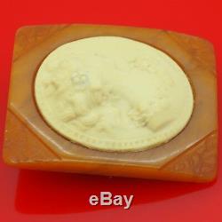 Vtg. 1940s Transparent Butterscotch Bakelite & Cream Celluloid Cameo Pin Brooch