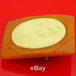 Vtg. 1940s Transparent Butterscotch Bakelite & Cream Celluloid Cameo Pin Brooch